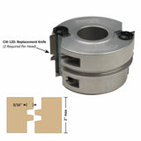 Aluminum slot cutter head with replaceable knife for woodworking, includes profile diagram.
