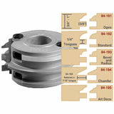 Carbide-tipped woodworking cutter head with profiles for ogee, standard, bevel, chamfer, and art deco joints.