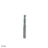 Upcut spiral router bit for woodworking, shown upright on white background