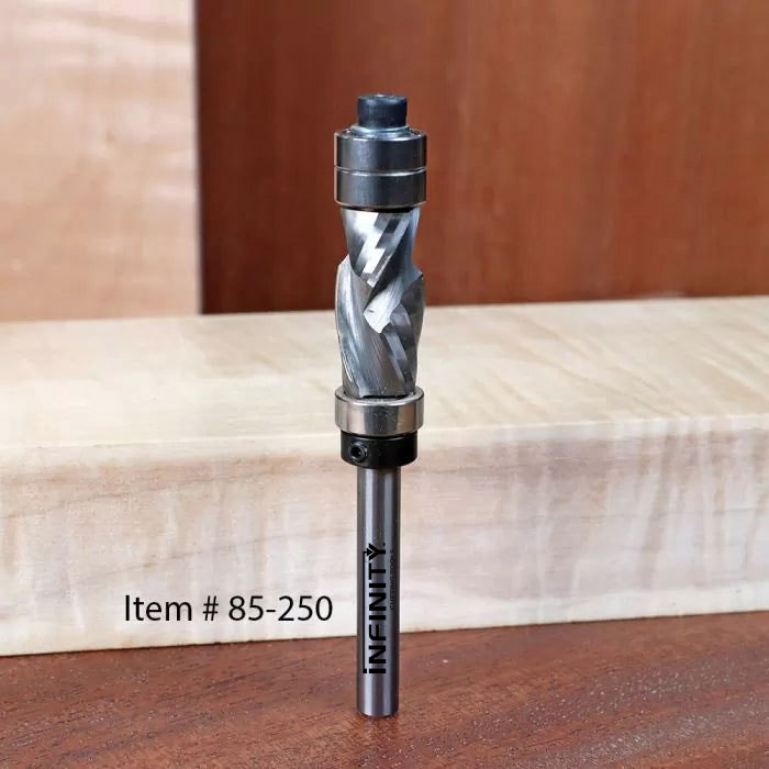 Carbide spiral router bit with bearing, item #85-250, standing on wooden boards.