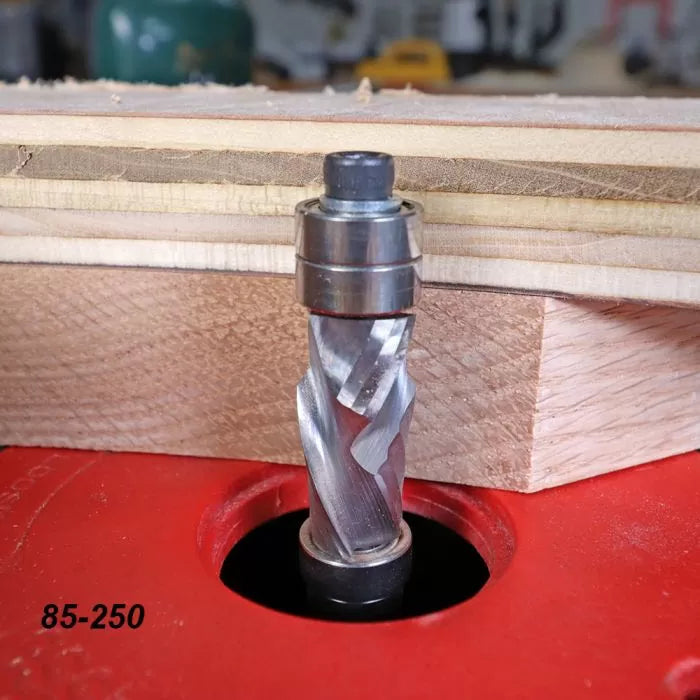 Spiral flush trim router bit with bearing installed in router table, woodworking setup