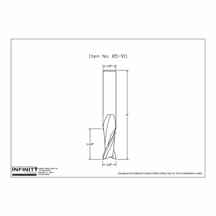 Technical diagram of a 1/2 inch straight router bit, item 85-911, with measurements.