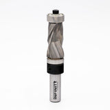 Carbide spiral flush trim router bit with dual bearings for woodworking on white background