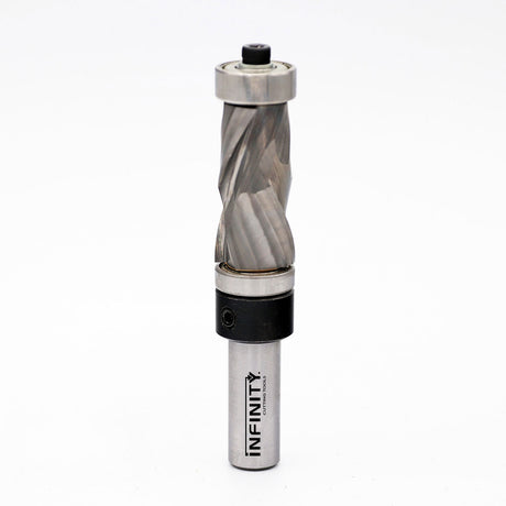 Carbide spiral flush trim router bit with dual bearings for woodworking on white background