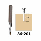 Spiral upcut router bit next to diagram showing 1/8-inch wide by 1/2-inch deep groove, labeled 86-201.