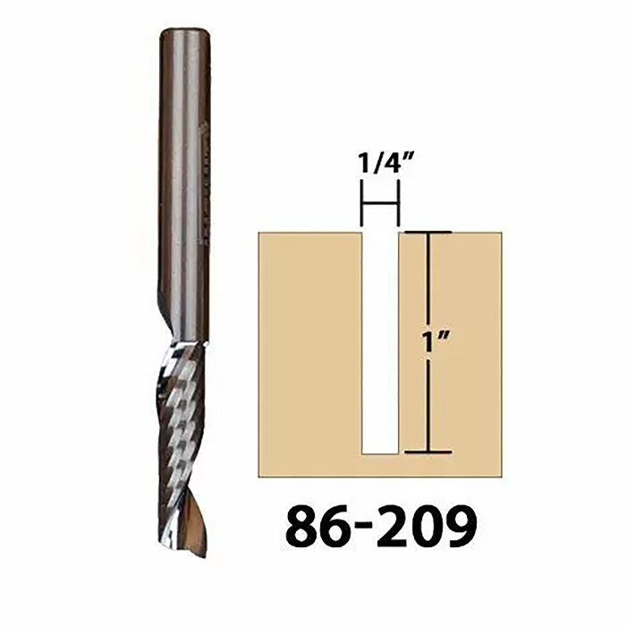 Quarter inch spiral upcut router bit with cutting depth diagram, woodworking tool 86-209
