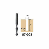 1/4 inch spiral router bit with diagram showing cut depth and radius, woodworking tool
