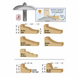 Router bit with sample woodworking edge profiles including ogee, standard, cove, and shaker.