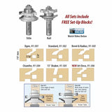 Router bit set for stile and rail cuts with sample woodworking profiles and cutting instructions.