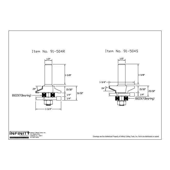 Technical drawing of router bits with detailed dimensions, labeled 91-504R and 91-504S.