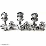 Set of carbide tipped router bits and slot cutters for woodworking on white background