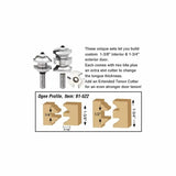 Ogee profile router bit set with slot cutters and wood joinery diagram for making doors.