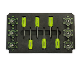 Pack of green woodworking hold-down clamps and knobs in foam tray