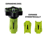 Green expanding clamp dog for woodworking, with black knob and symmetrical expansion mechanism