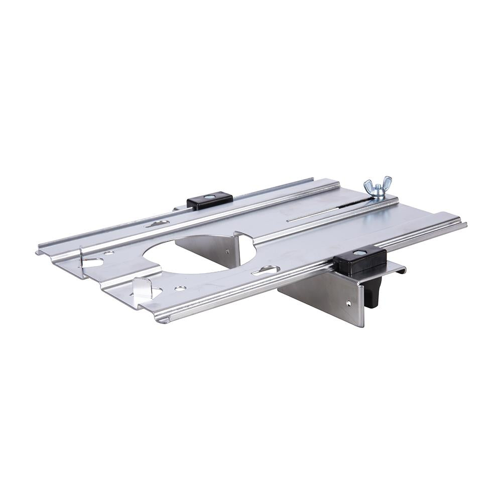 Metal router table insert plate with mounting hardware for woodworking tools
