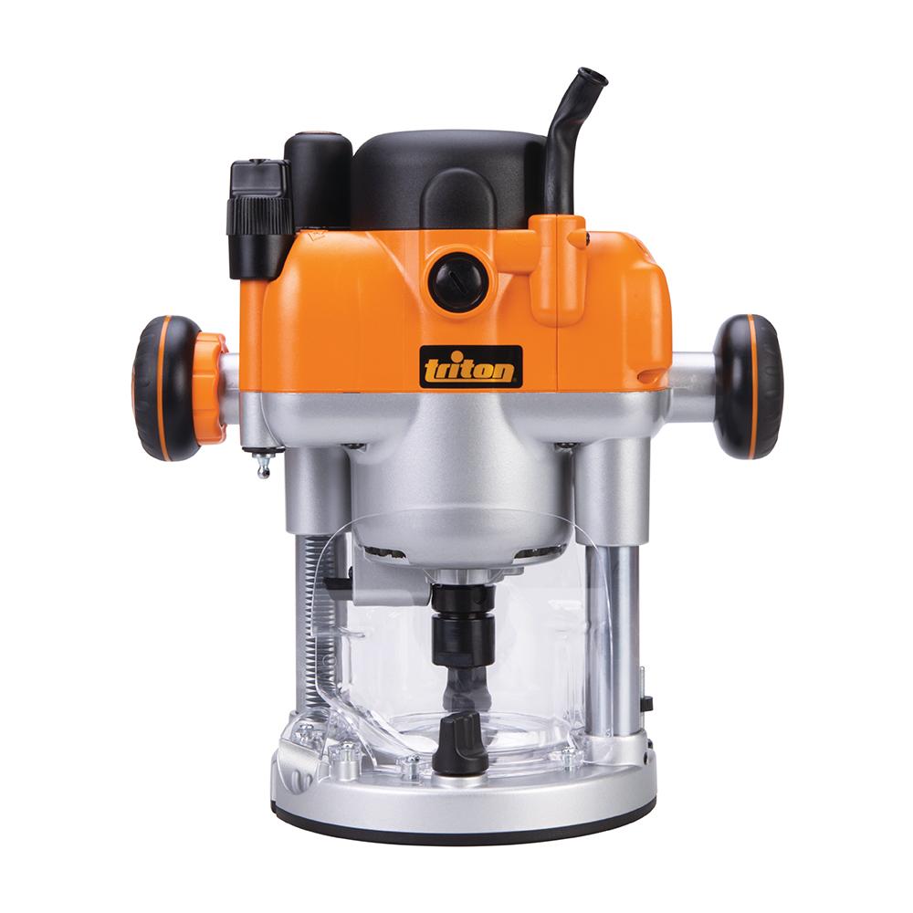 Heavy-duty plunge router with orange housing, dual handles, and dust extraction port