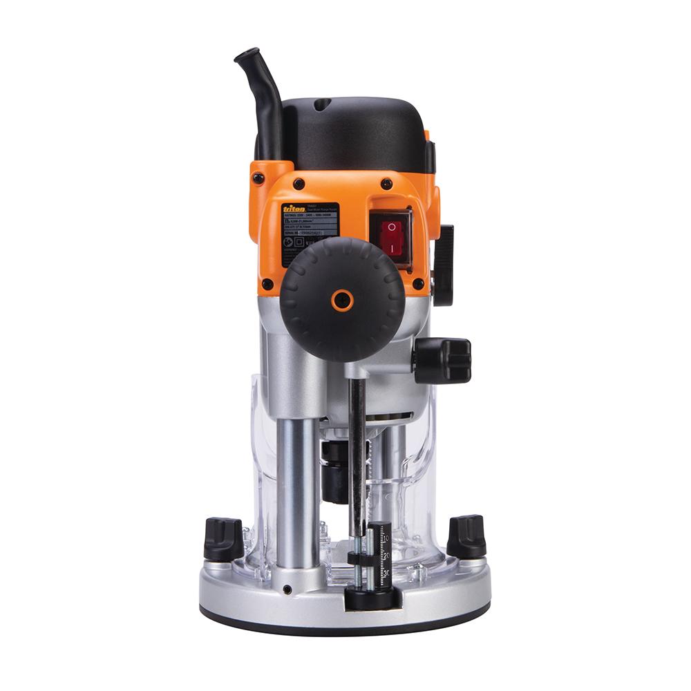 Woodworking plunge router with adjustment knob and clear base, isolated on white background