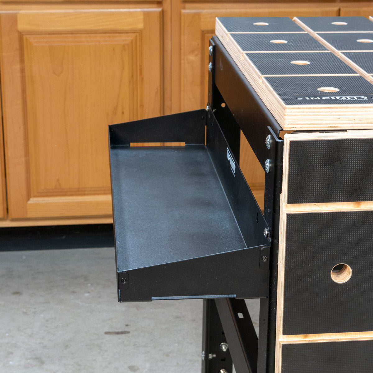 Utility tray mounted on a multifunction worktop
