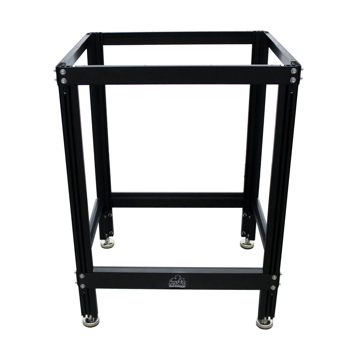 Sturdy black metal router table stand frame with adjustable feet for woodworking shops