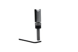 Carbide-tipped straight router bit with hex key on white background for woodworking