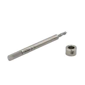 Carbide woodworking drill bit with depth stop collar on white background