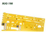 Yellow woodworking router jig with adjustable guides and measurement markings, model MJG-198