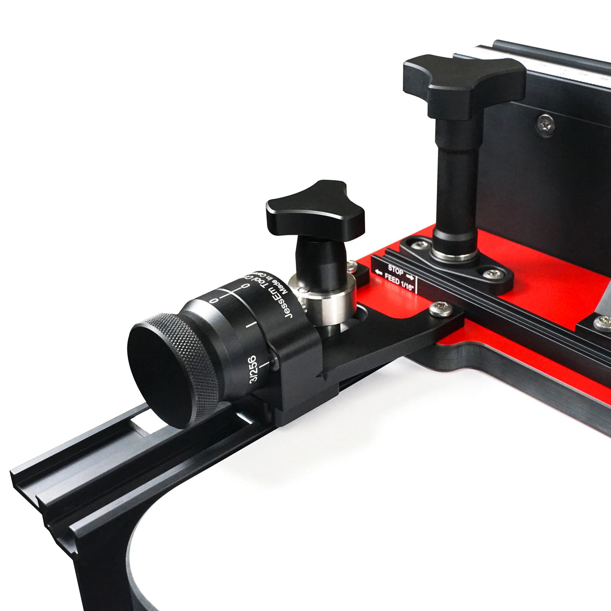 Close-up of micro adjuster tool for woodworking router table, precision dial and lock knobs visible.