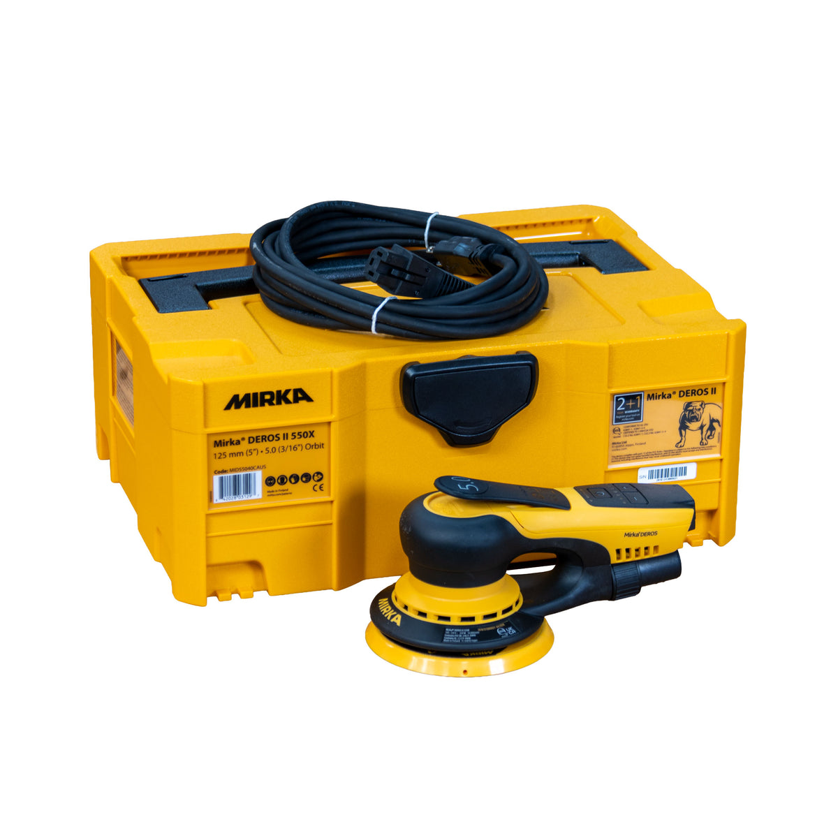 Mirka deros sander with power cord and case.