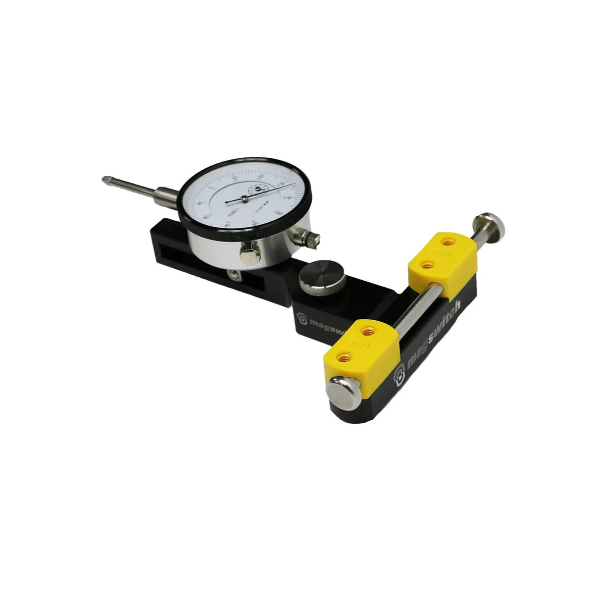 Precision miter slot indicator with dial gauge and yellow clamps for woodworking alignment
