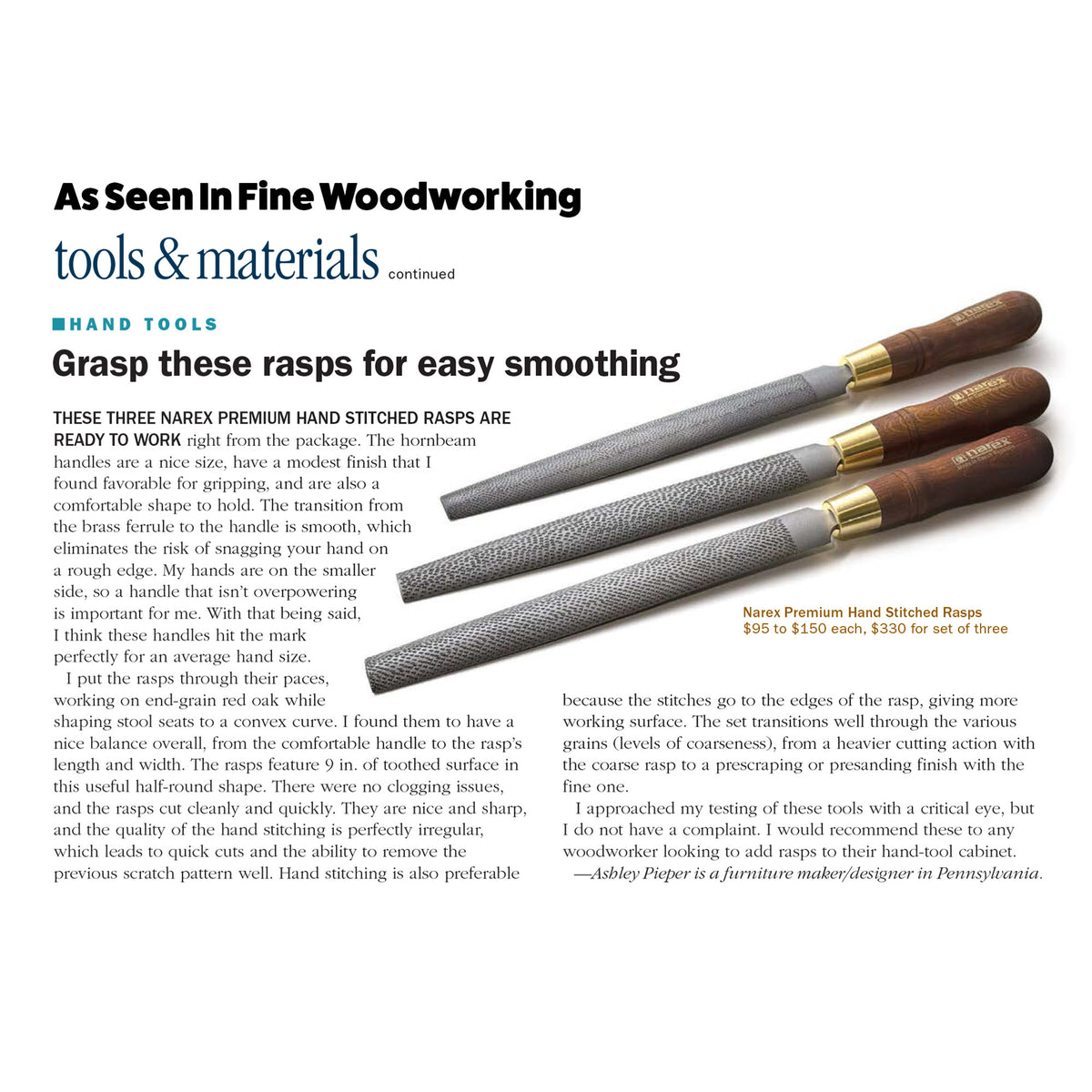 Fine Woodworking magazine page featuring Narex hand-stitched rasps