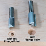 Comparison of two woodworking router bits on wood, showing holes made with and without plunge point.