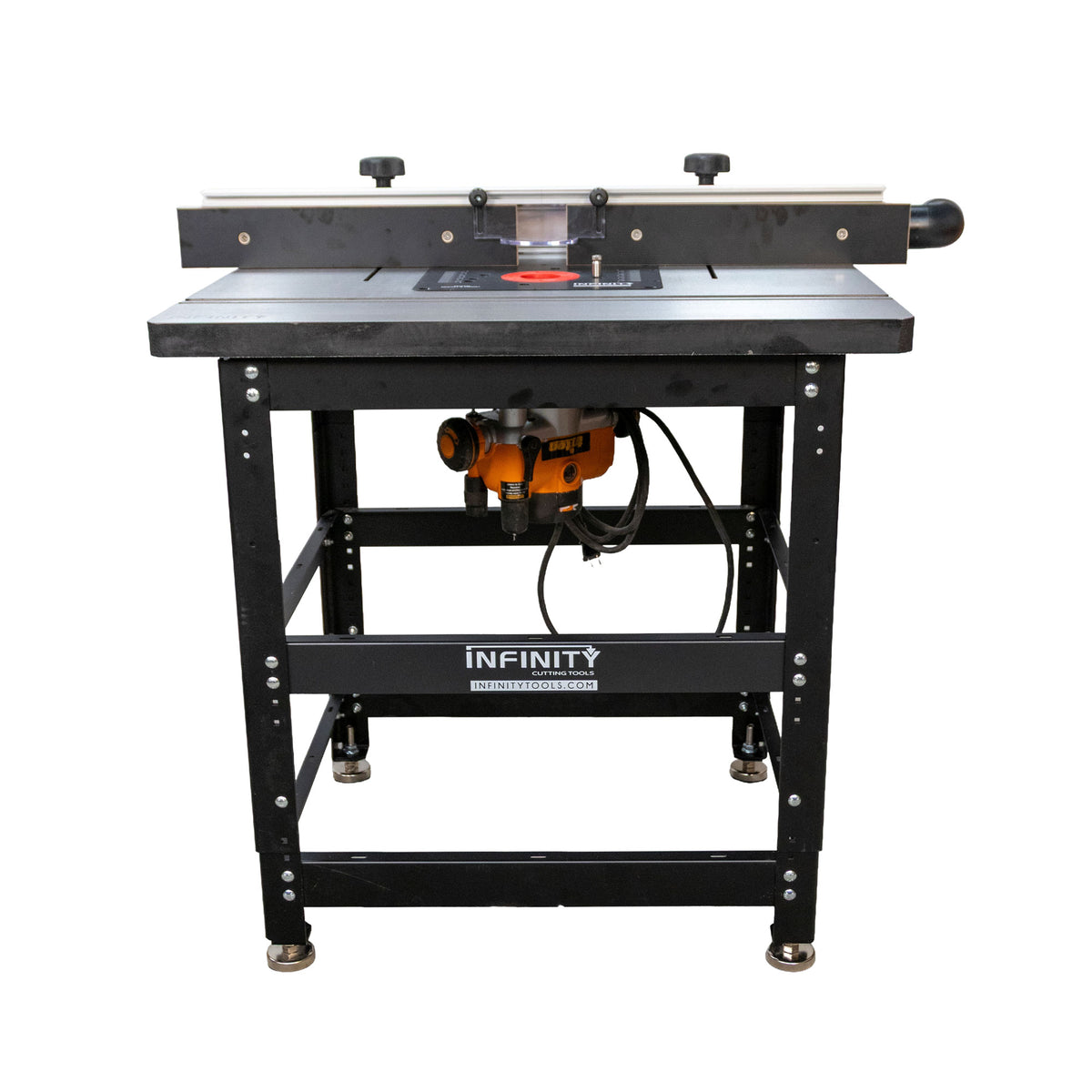 Router table package with cast iron top, precision fence, and mounted router, front view