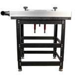 Cast iron router table with metal stand, adjustable fence, and dust port, woodworking tool