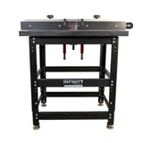 Router table package with cast iron top, sturdy metal frame, and adjustable fence