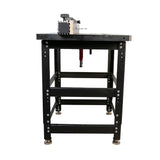 Pro router table package with cast iron top and lift, shown from side on metal stand