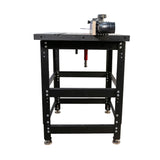 Cast iron router table with black metal frame, router lift, and visible router bit