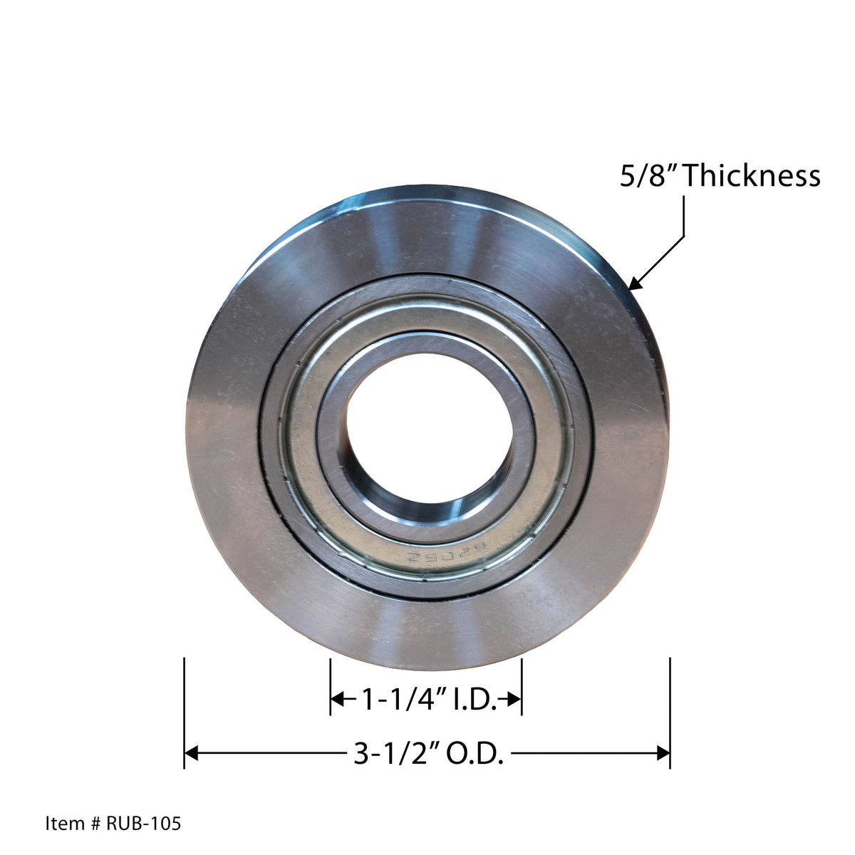 Steel ball bearing with 3-1/2 inch outer diameter, 1-1/4 inch inner diameter, 5/8 inch thickness.