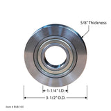Steel ball bearing with 3-1/2 inch outer diameter, 1-1/4 inch inner diameter, 5/8 inch thickness.