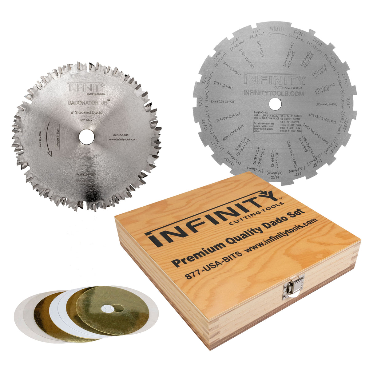 Infinity cutting tools with wooden box and circular saw blades on a white background