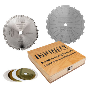 Infinity cutting tools with wooden box and circular saw blades on a white background