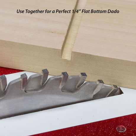two flat top blades positioned for a 1/4 inch cut and a resulting dado cut in a piece of wood.