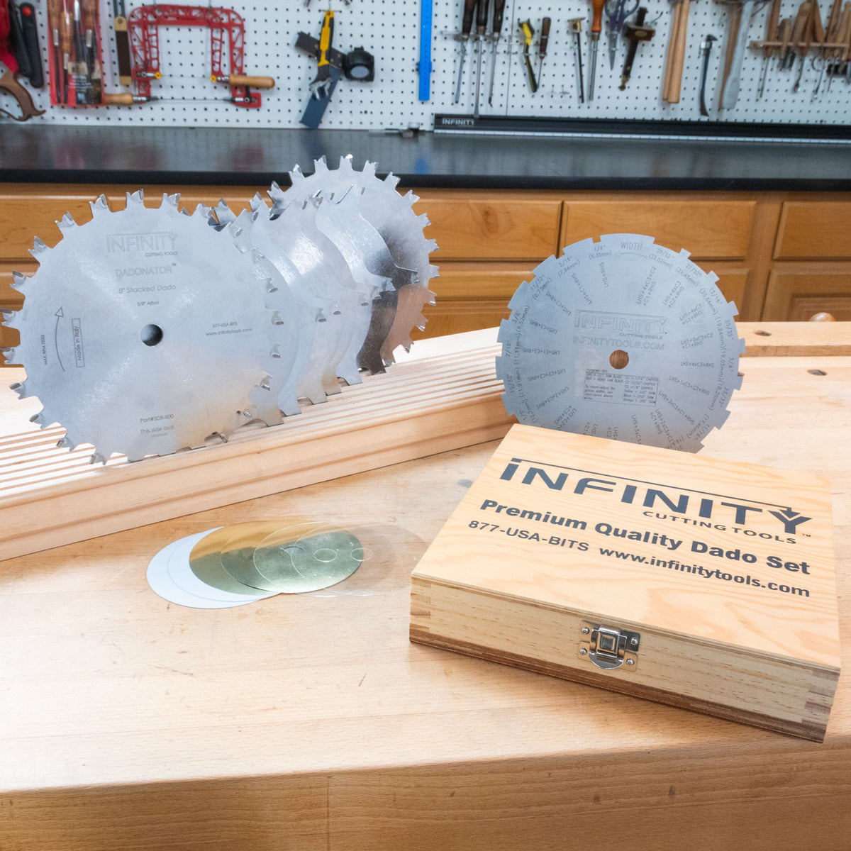 Infinity cutting tools dado set on a wooden workbench with tools in the background