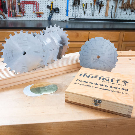 Infinity cutting tools dado set on a wooden workbench with tools in the background