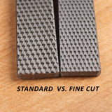 A comparison photo of a standard and a fine cut rasp's teeth configuration.