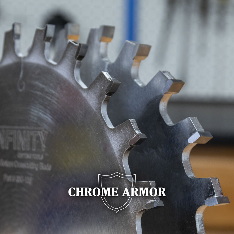 Circular saw blade with 'Chrome Armor' branding on a blurred background