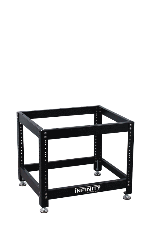 Adjustable tool stand frame with black metal base, shown assembling and expanding.