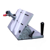 Adjustable woodworking jig with clamping mechanism on metal base for precision cutting