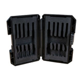 Empty black foam-lined plastic case for wood taps, open to show internal slots.