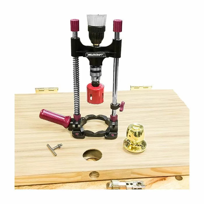 Door hinge jig and hole saw drilling guide on wood, door lock installation tool kit
