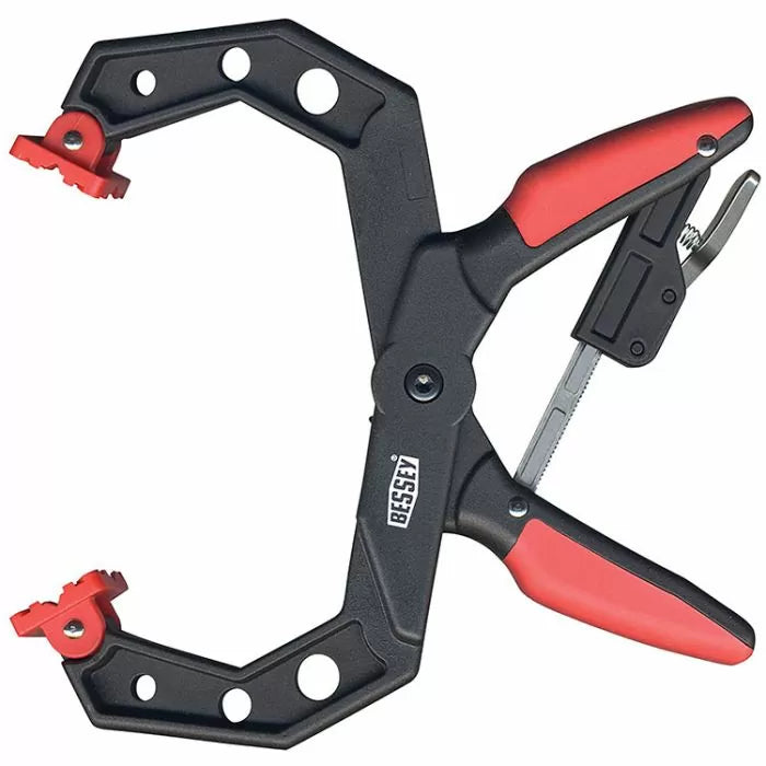 Bessey woodworking clamp with red handles and adjustable jaws